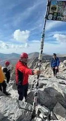 Climbers beside the summit marker on Mytikas